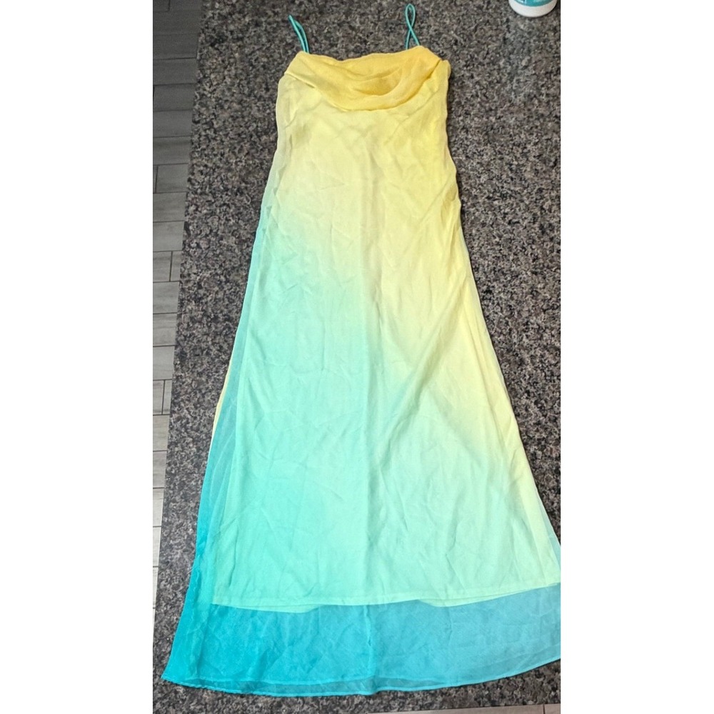 Onyx Nite Womens Ombre Maxi Dress Yellow Turquoise Cowl Neck Chiffon Size 10